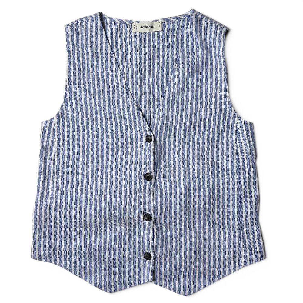 Everlane European Flax Linen Blend Vest Womens Size 0 Blue White Stripe NWOT